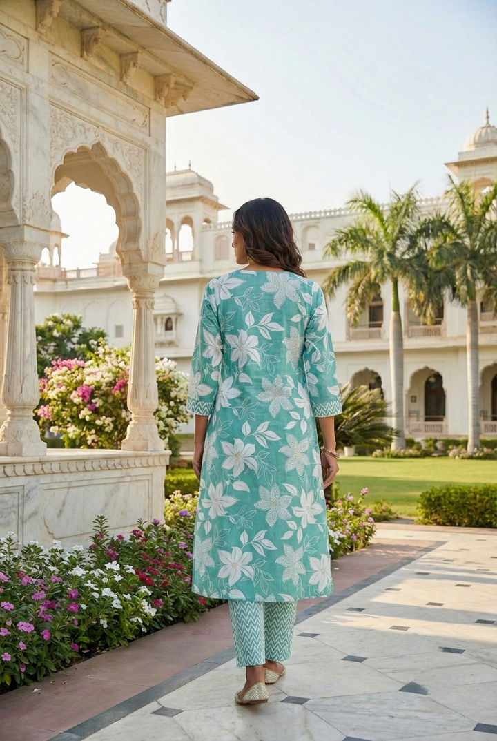 Sea Green Cotton Floral Printed Two Piece Set