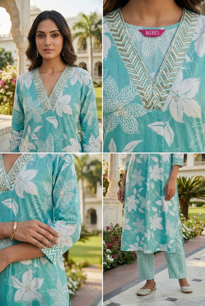 Sea Green Cotton Floral Printed Two Piece Set