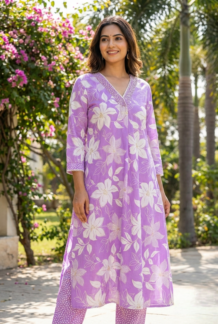 Lilac Cotton Floral Printed Two Piece Set