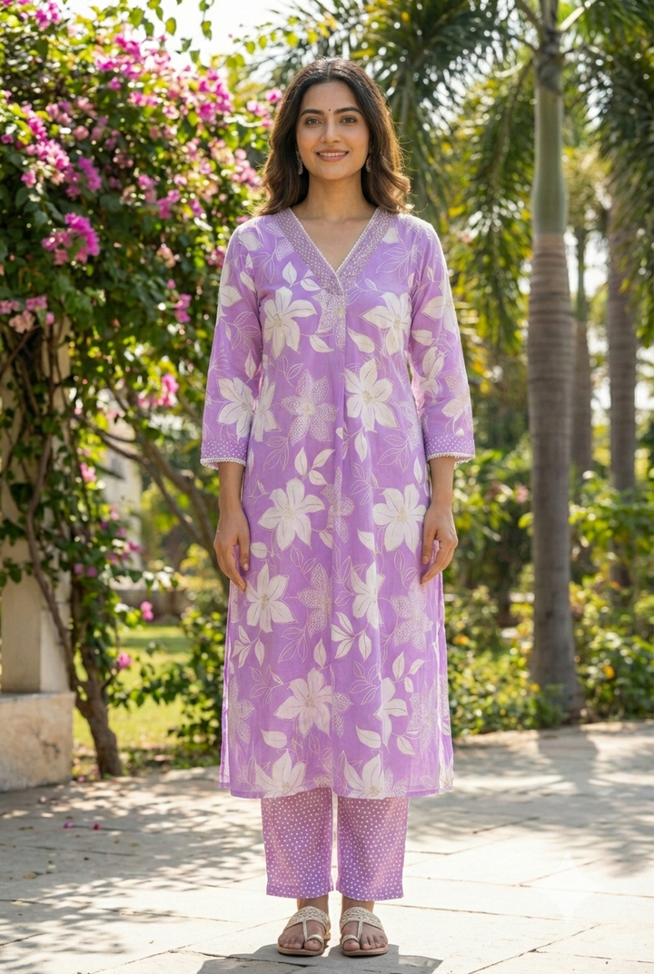 Lilac Cotton Floral Printed Two Piece Set
