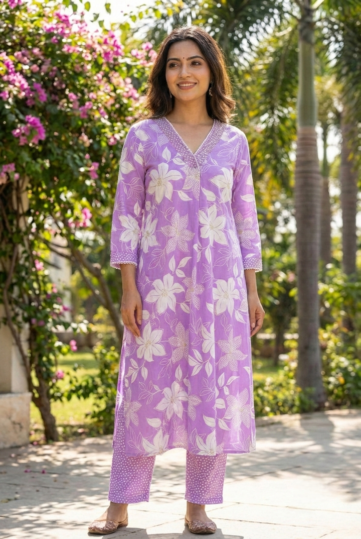 Lilac Cotton Floral Printed Two Piece Set