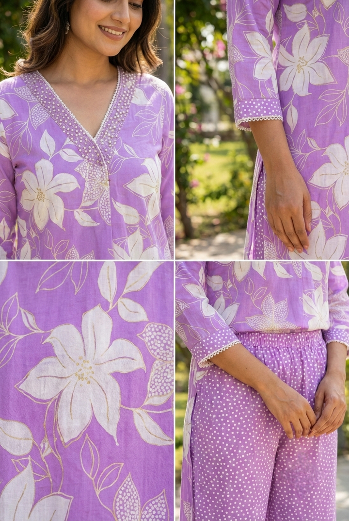 Lilac Cotton Floral Printed Two Piece Set