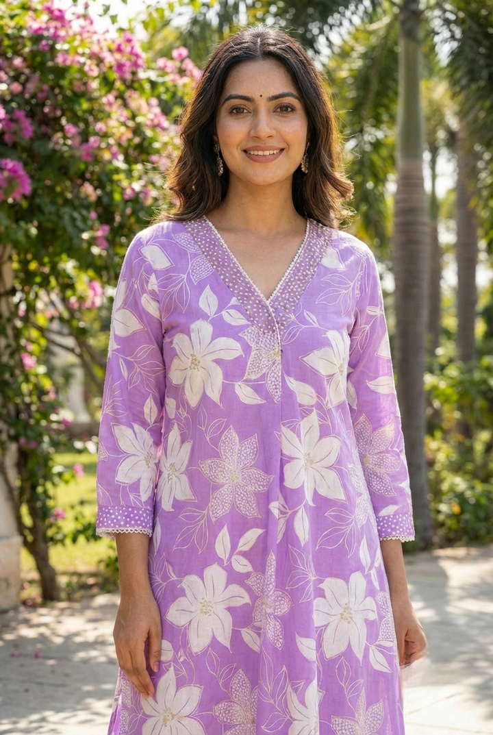 Lilac Cotton Floral Printed Two Piece Set