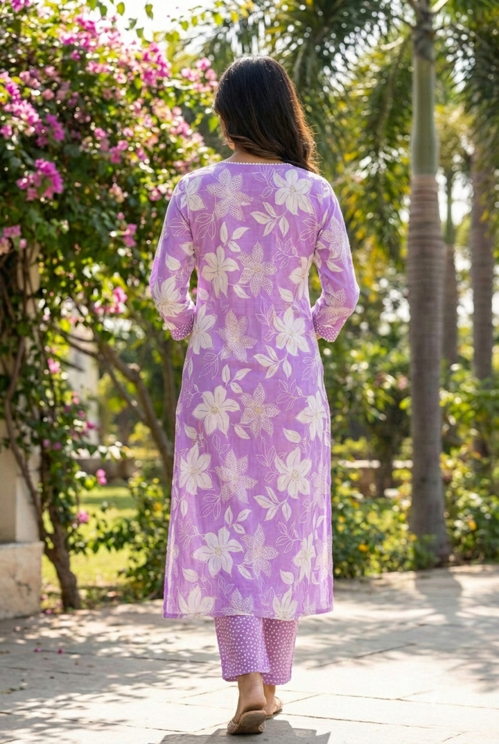 Lilac Cotton Floral Printed Two Piece Set