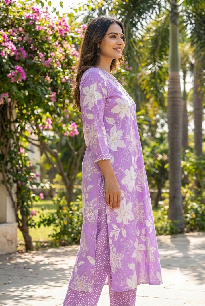 Lilac Cotton Floral Printed Two Piece Set