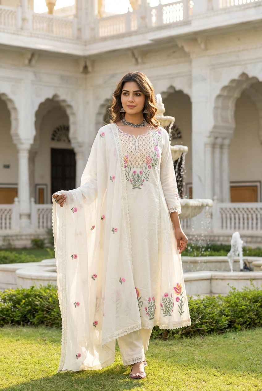 Neerus White Floral Printed Cotton Straight Suit Set - Kurta +