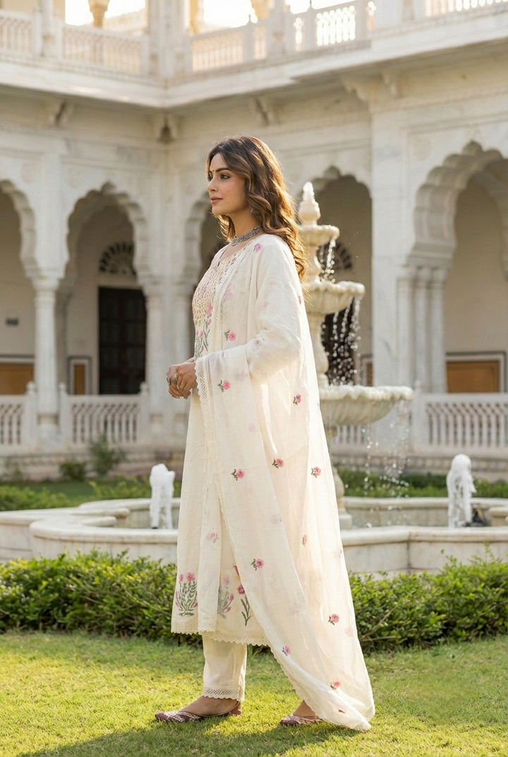 Neerus White cotton printed suit set - side view