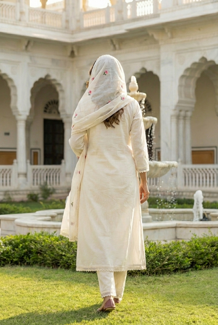 Neerus White cotton printed suit set - detail view 2