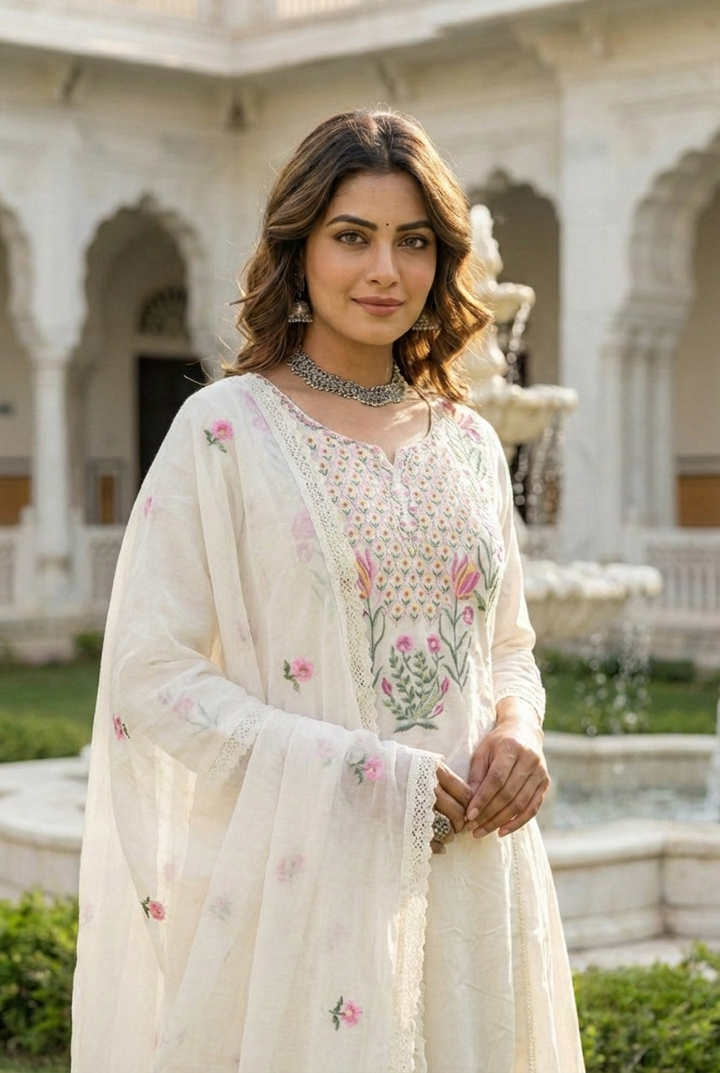 Neerus White cotton printed suit set - back view