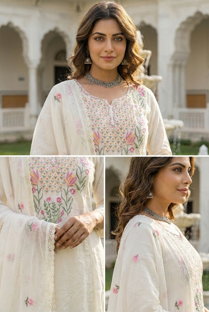 Neerus White cotton printed suit set - detail view 1