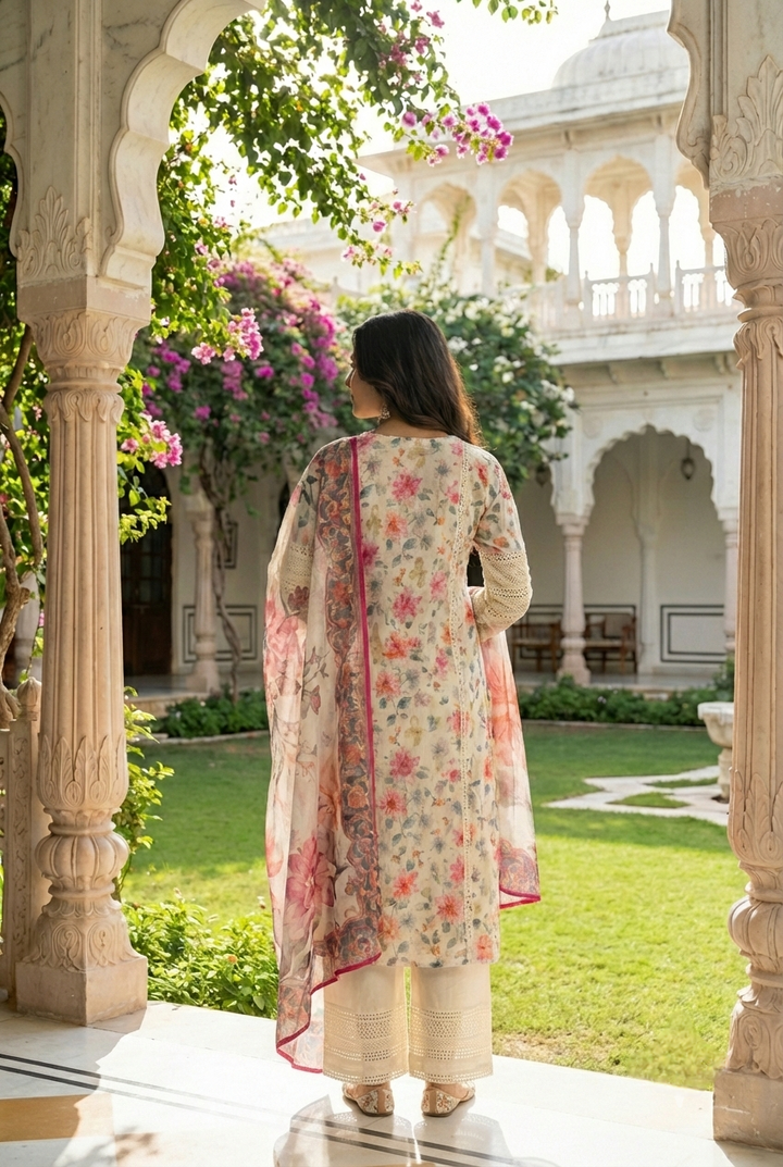Neerus White cotton printed suit set - side view