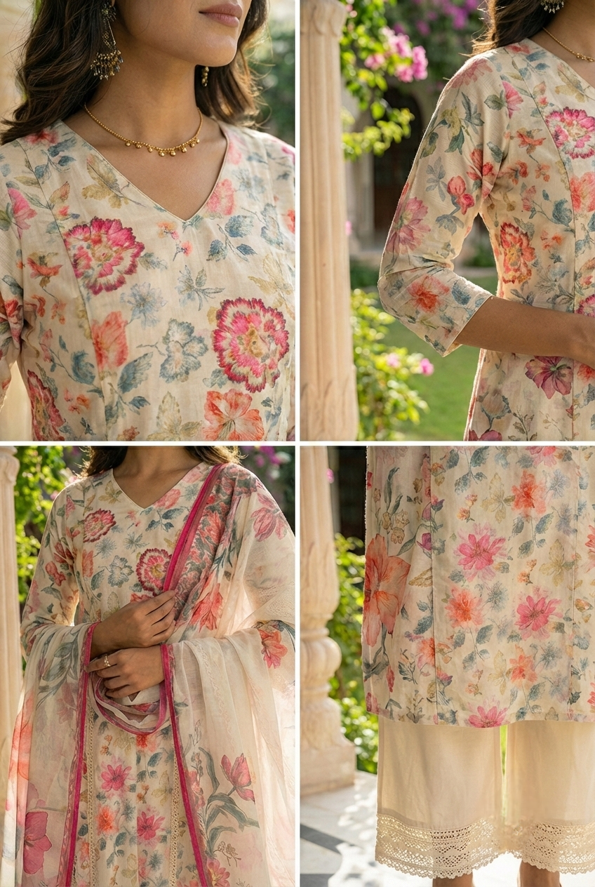Neerus White cotton printed suit set - detail view 1