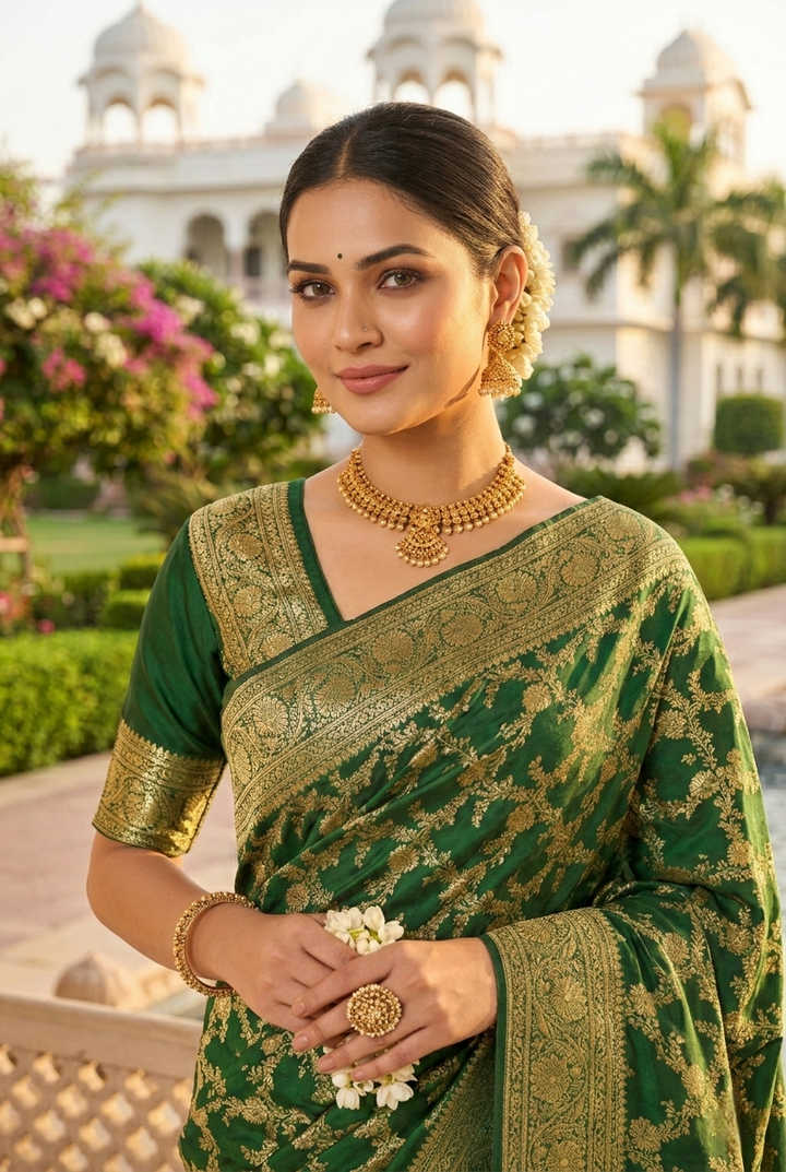 Green Banaras Floral Pattu Saree