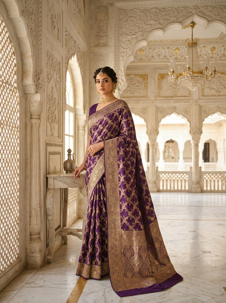 Neerus Purple Pattu Silk printed Banarasi saree - front view