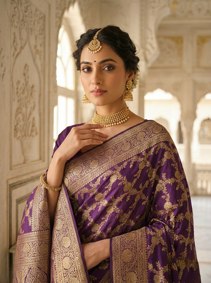 Neerus Purple Pattu Silk printed Banarasi saree - back view