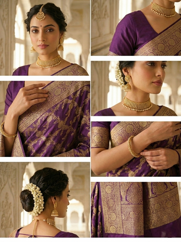 Neerus Purple Pattu Silk printed Banarasi saree - detail view 1