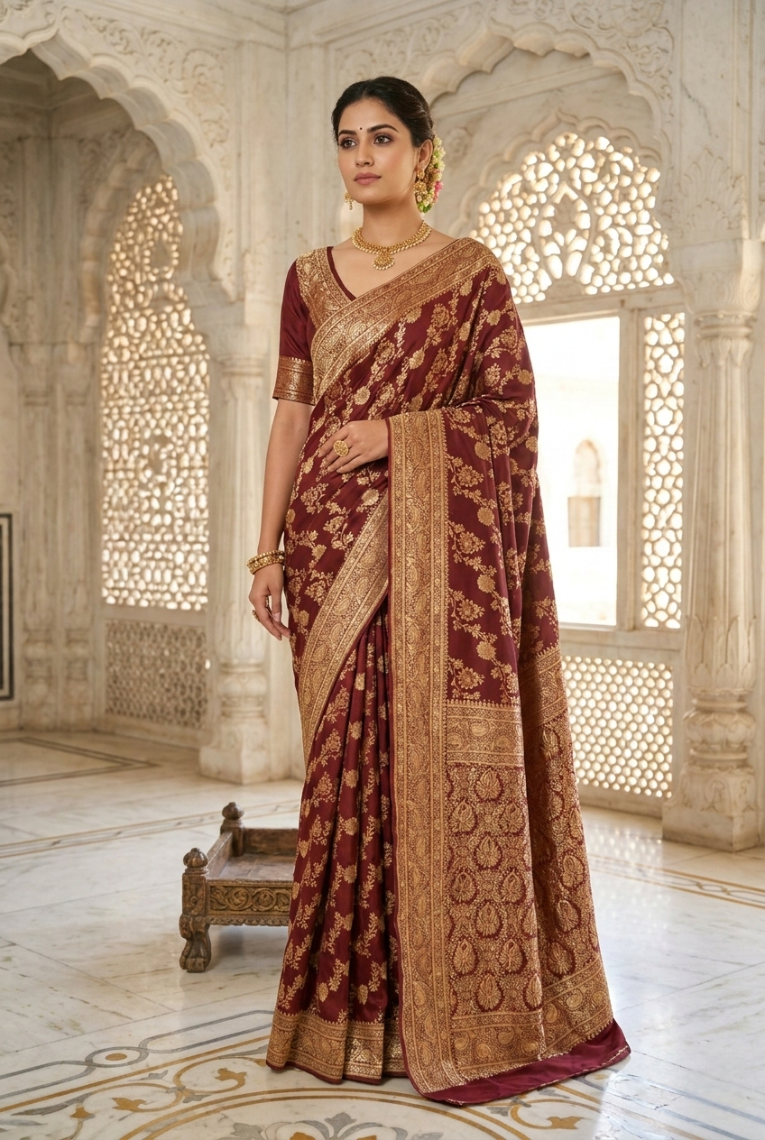Brown Banaras Floral Pattu Saree