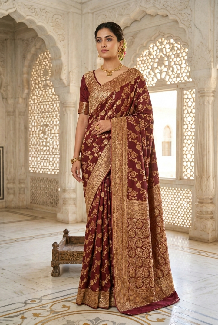 Brown Banaras Floral Pattu Saree