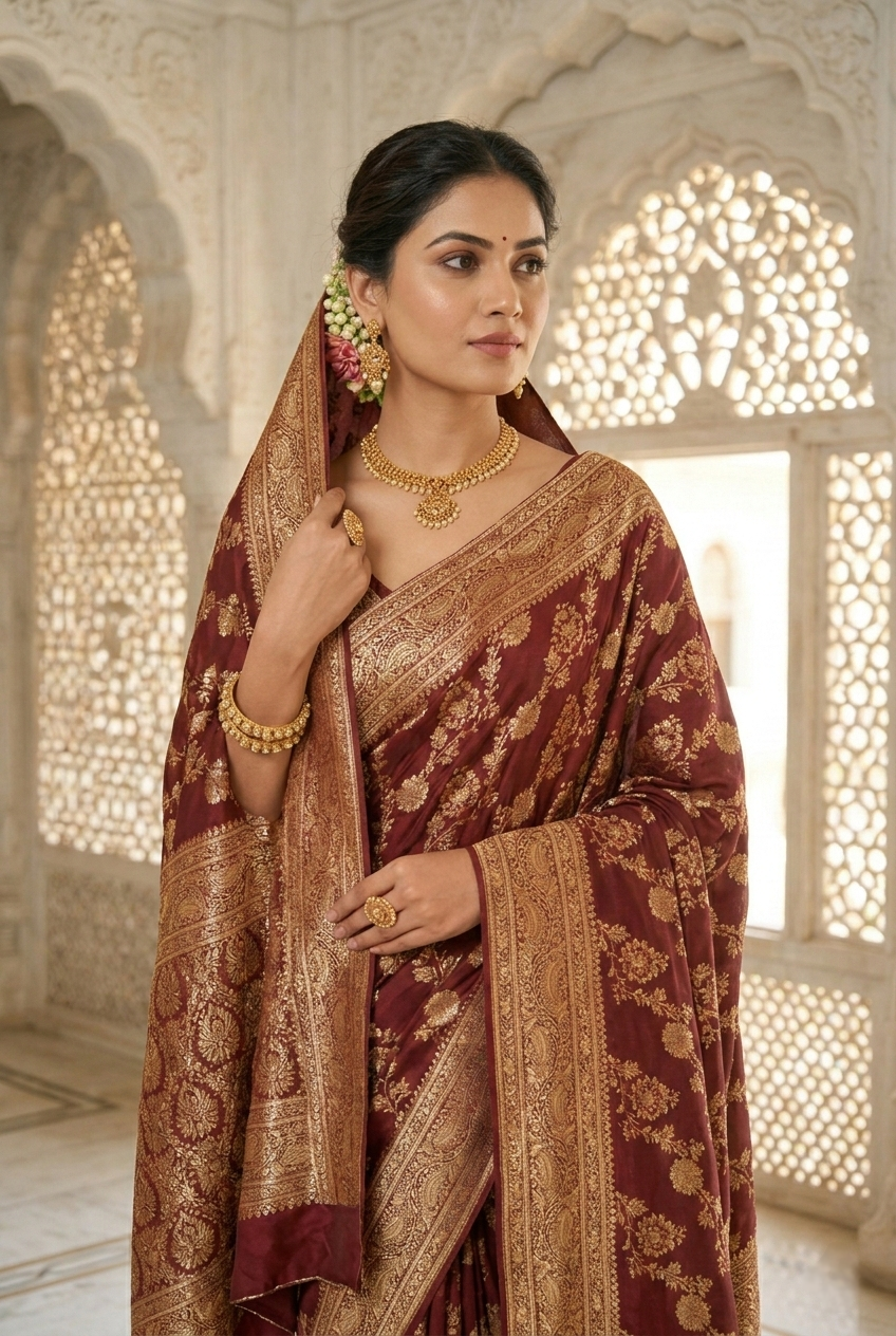 Brown Banaras Floral Pattu Saree