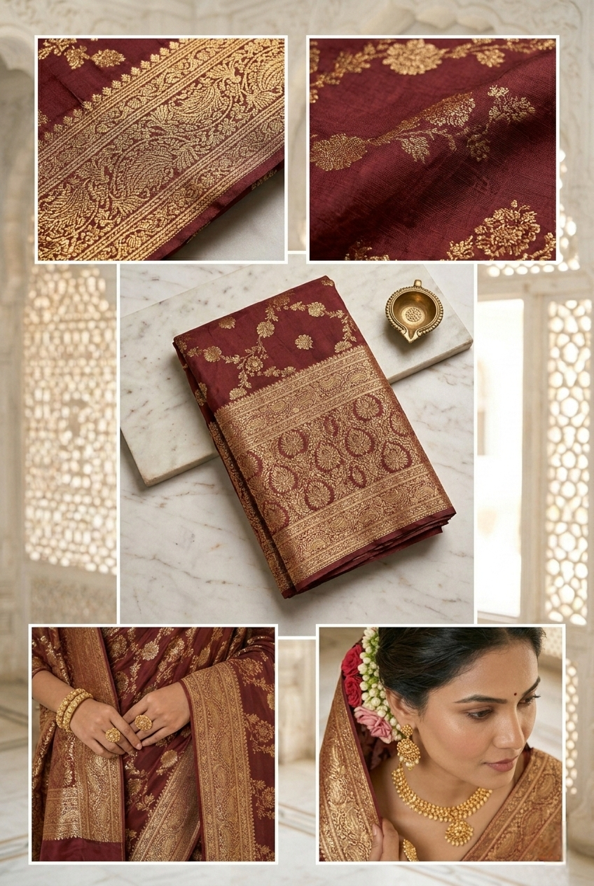 Brown Banaras Floral Pattu Saree
