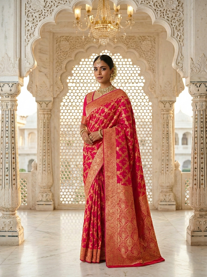 Rani Pink Banaras Floral Pattu Saree
