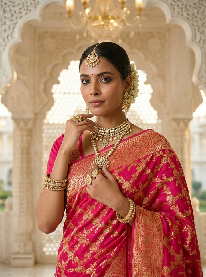 Rani Pink Banaras Floral Pattu Saree