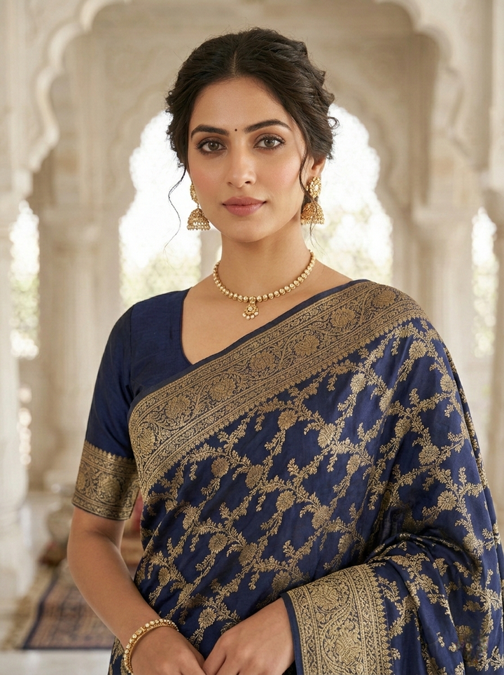 Navy Blue Banaras Floral Pattu Saree