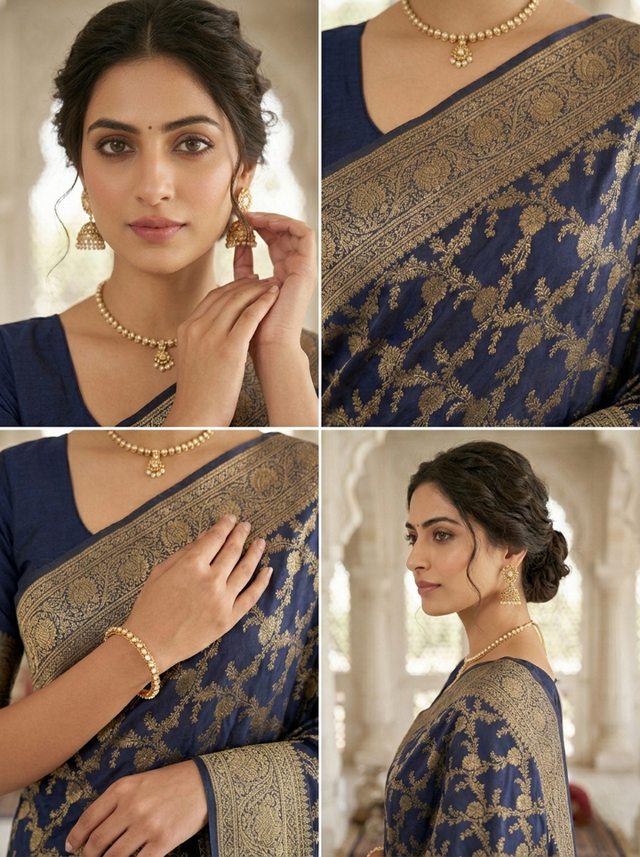 Navy Blue Banaras Floral Pattu Saree