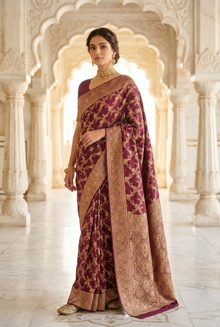 Neerus Maroon Pattu Silk Printed Saree - front view