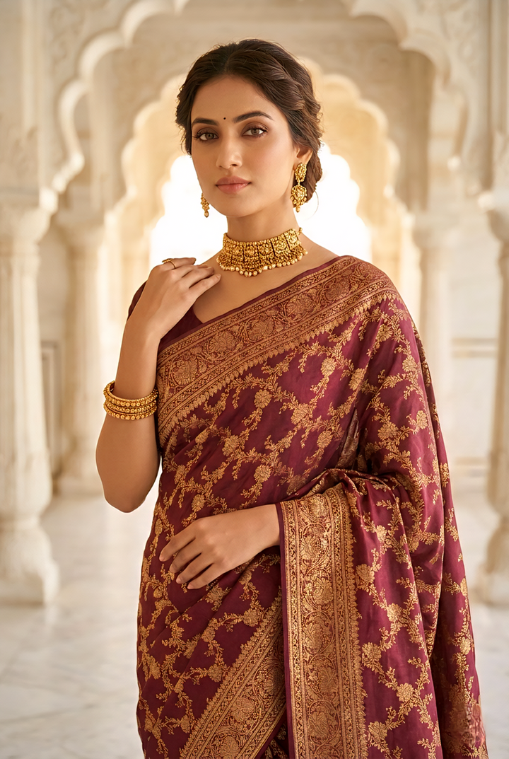 Neerus Maroon Pattu Silk Printed Saree - back view