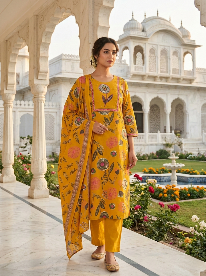 Mustard Cotton Floral Printed Three Piece Set