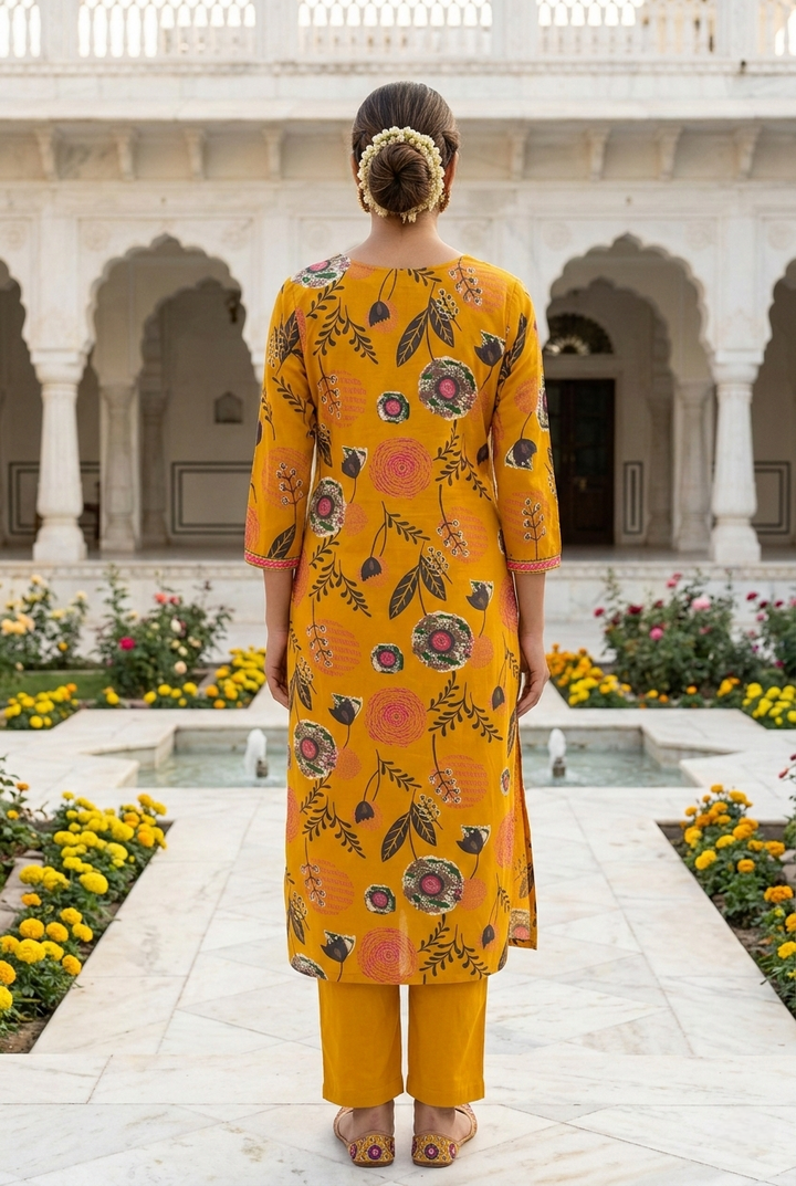 Mustard Cotton Floral Printed Three Piece Set