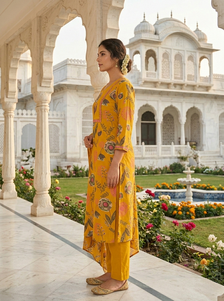 Mustard Cotton Floral Printed Three Piece Set