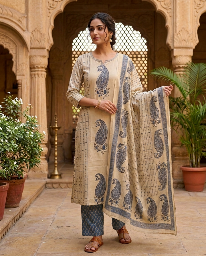 Blue Cotton Paisley Printed Three Piece Set