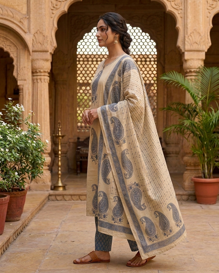 Blue Cotton Paisley Printed Three Piece Set