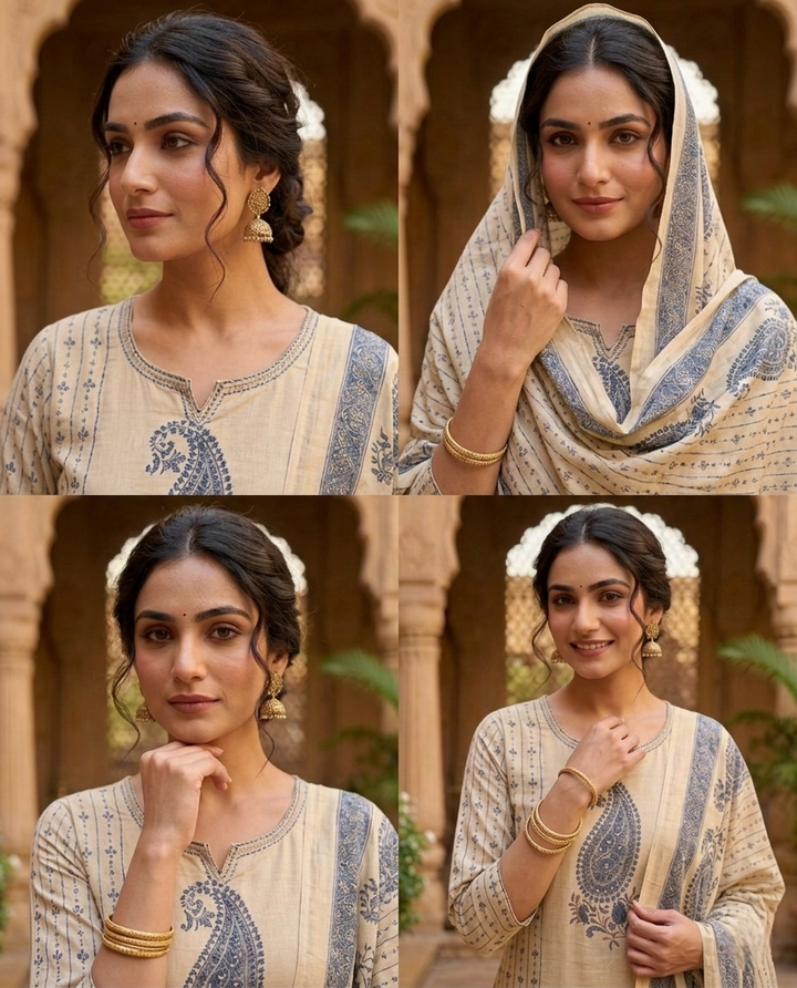 Blue Cotton Paisley Printed Three Piece Set