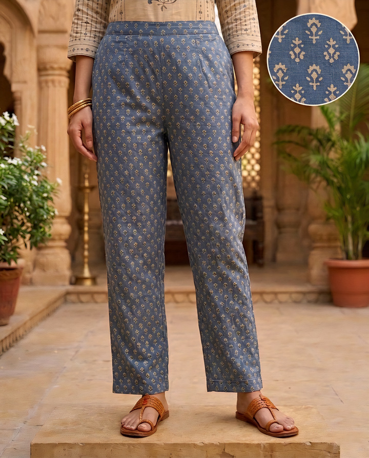 Blue Cotton Paisley Printed Three Piece Set