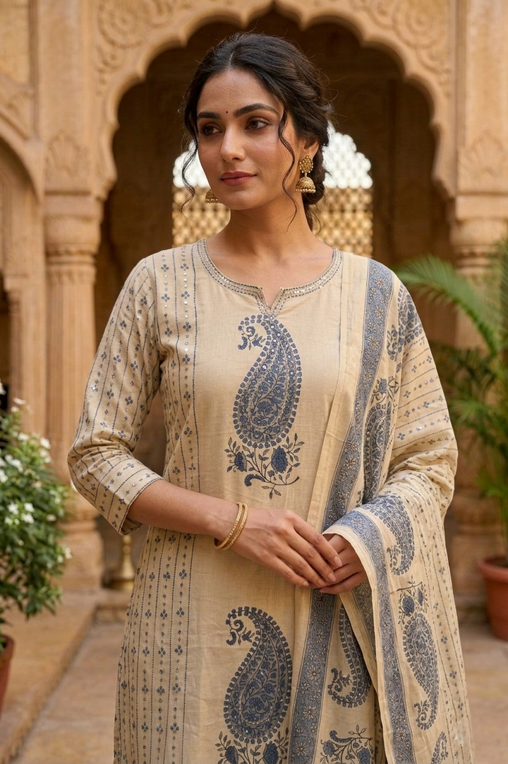 Blue Cotton Paisley Printed Three Piece Set