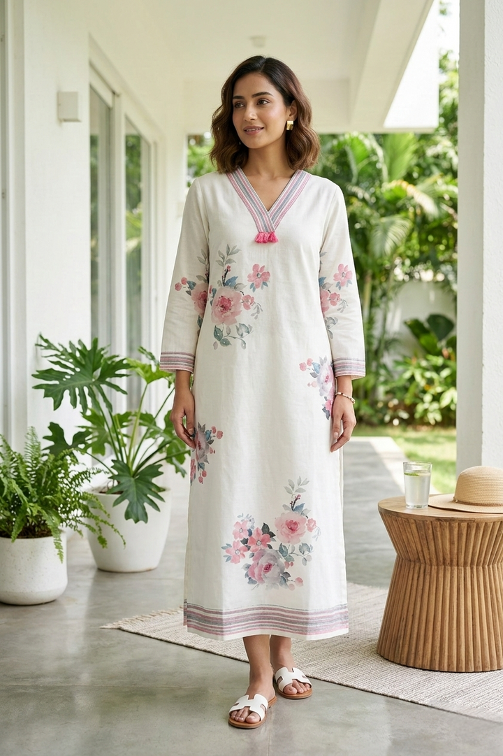 Cream Linen Floral Digital Printed Kurta