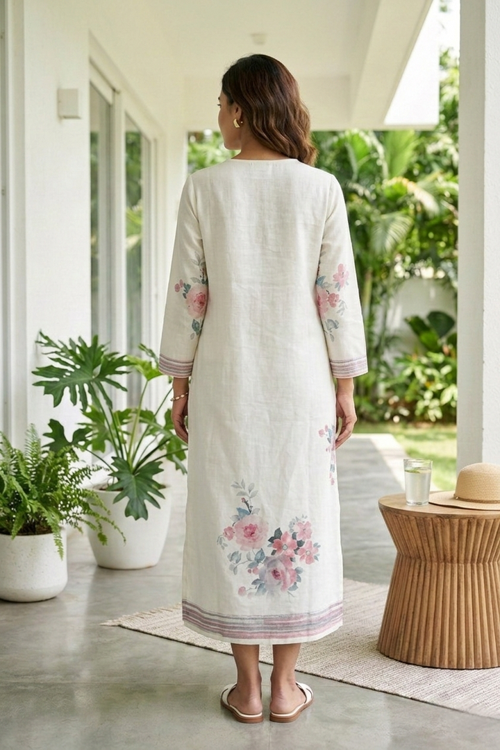 Cream Linen Floral Digital Printed Kurta