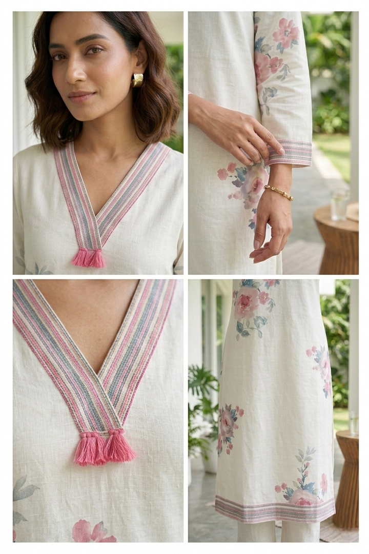 Cream Linen Floral Digital Printed Kurta