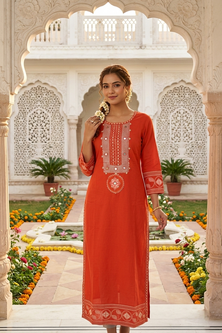 Burnt Orange Cotton Thread Embroidery Kurta