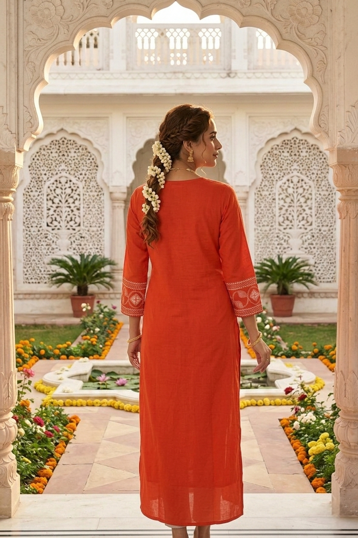 Burnt Orange Cotton Thread Embroidery Kurta