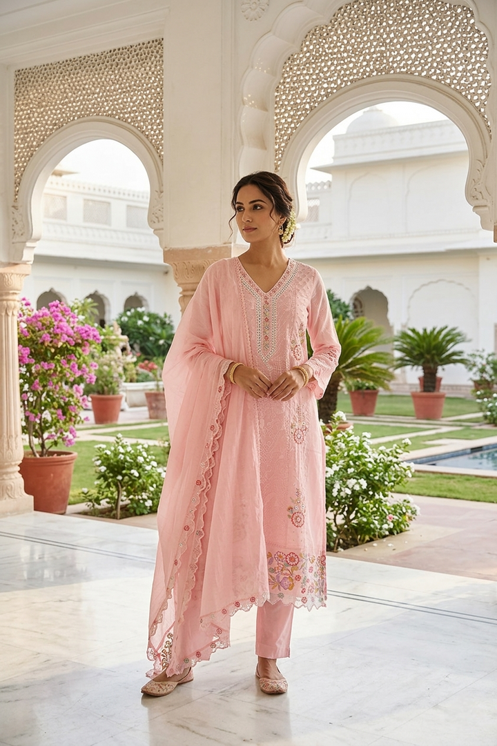 Peach Cotton Beads Embroidery Three Piece Set