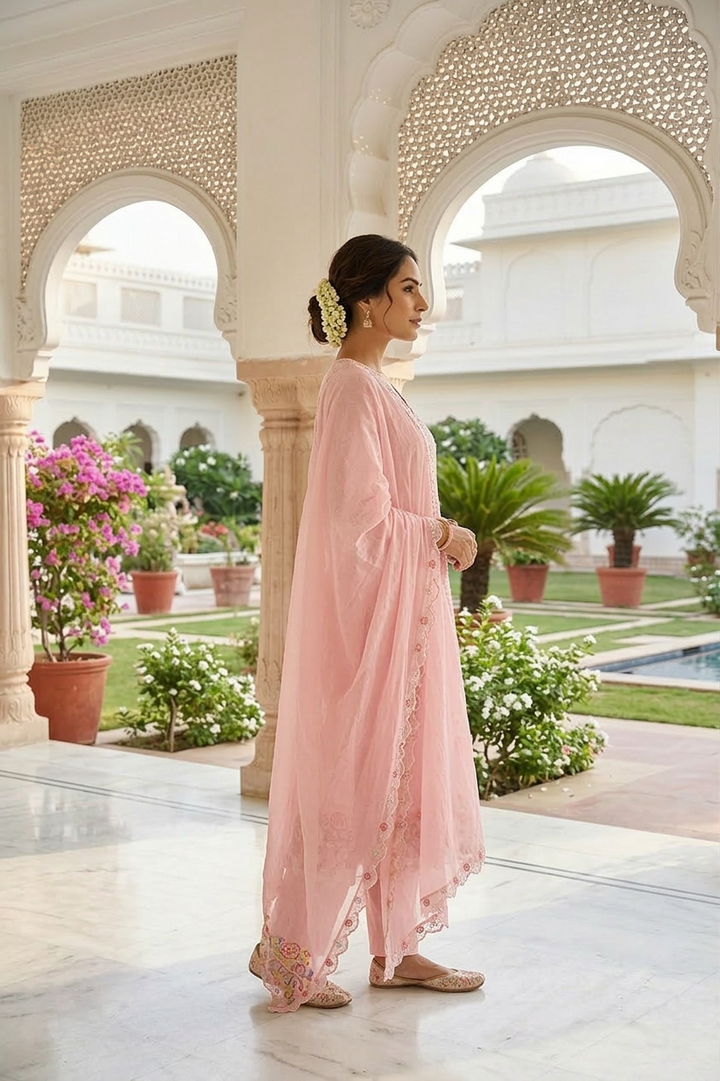 Peach Cotton Beads Embroidery Three Piece Set