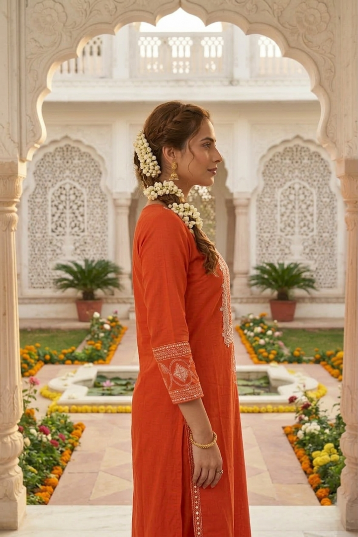 Burnt Orange Cotton Thread Embroidery Kurta