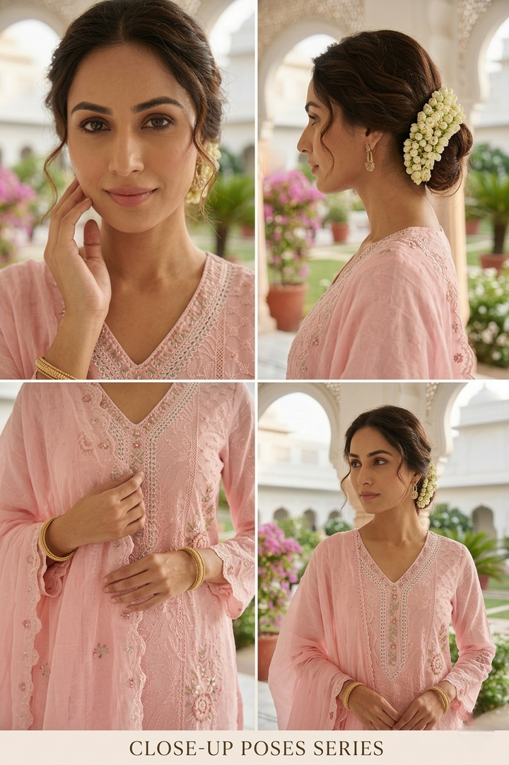 Peach Cotton Beads Embroidery Three Piece Set