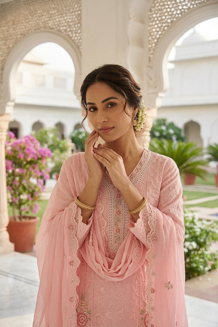 Peach Cotton Beads Embroidery Three Piece Set