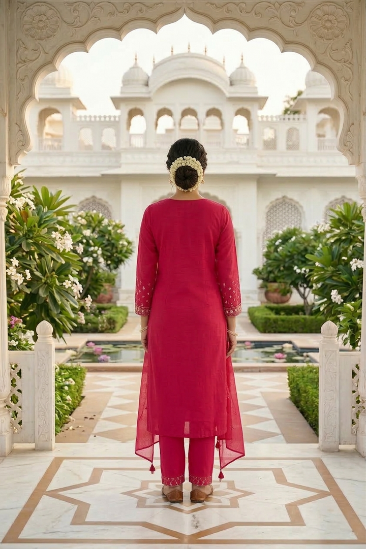 Rani Pink Cotton Floral Thread Embroidery Three Piece Set