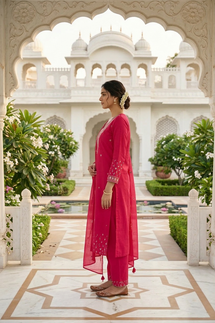 Rani Pink Cotton Floral Thread Embroidery Three Piece Set